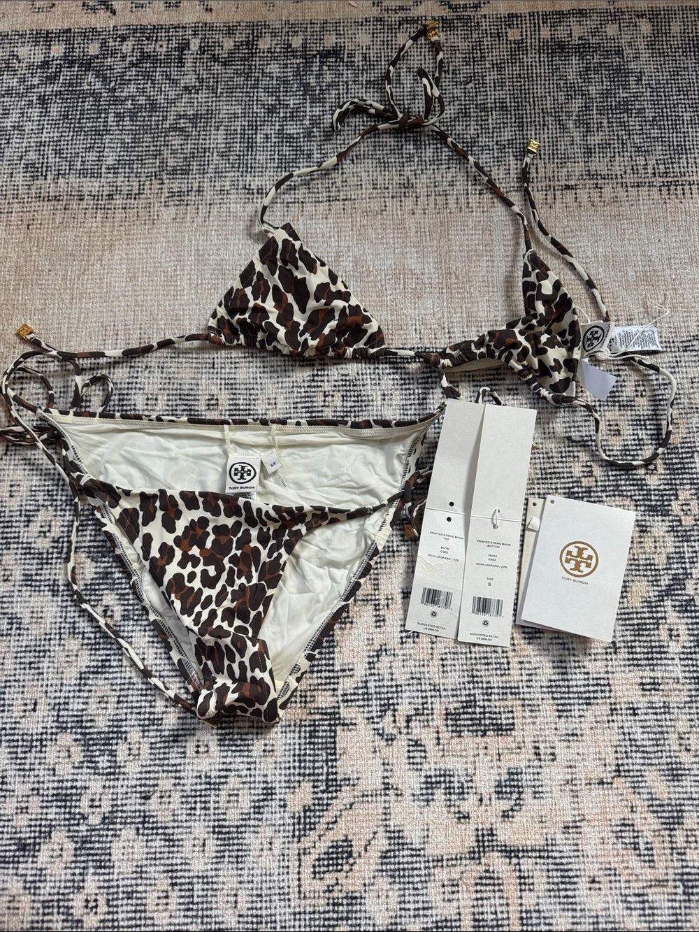 Tory Burch Brown and White Reva Leopard-Print Triangle Bikini Set Small